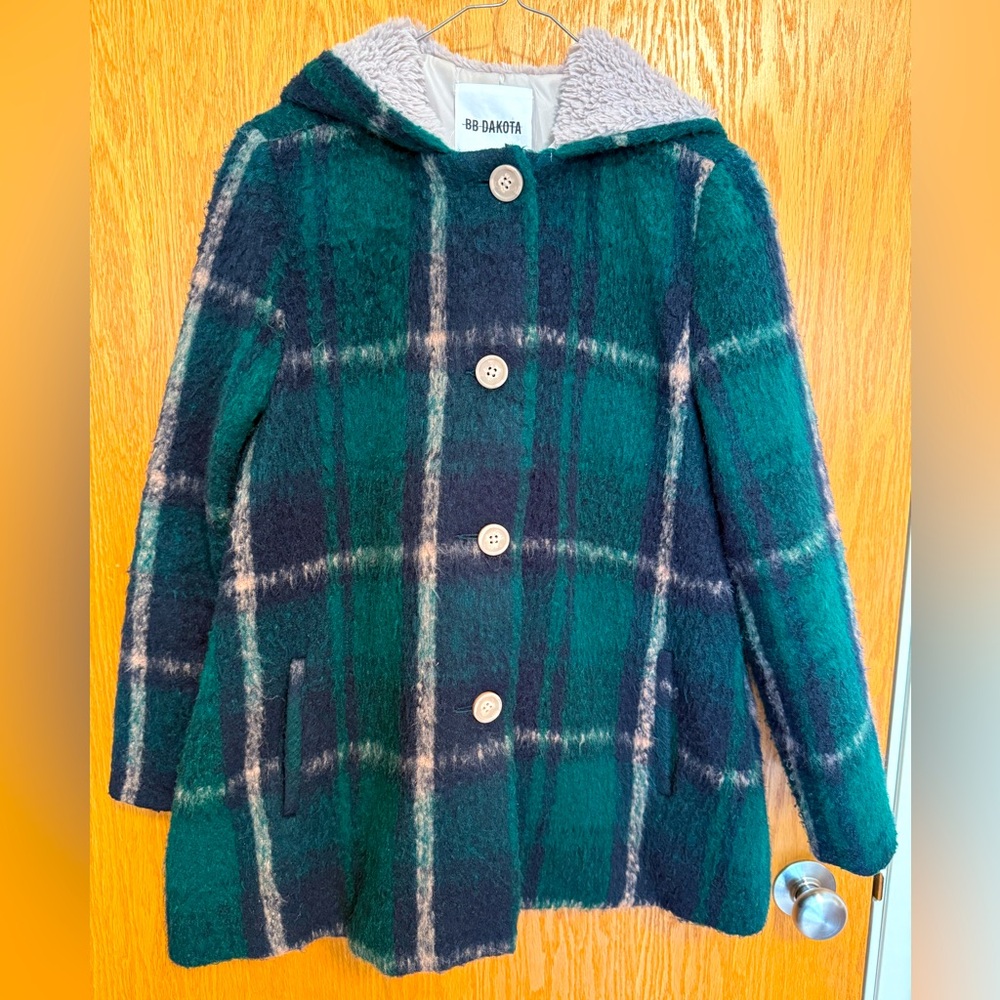 BB Dakota Plaid Green and Blue Pea Coat, Size S